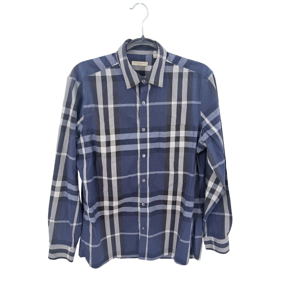 Burberry Brit Mens Navy Blue Large Check Long Sleeve Button Down Shirt Size L